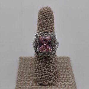 Size 7 Silver Tone Large Pink Cubic Zirconia Gem Ring A1896
